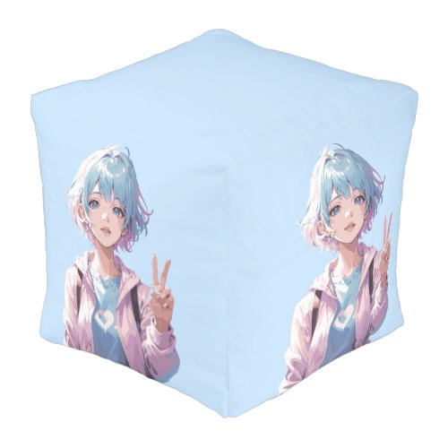 Pouf design fille anime signe de paix