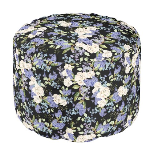 Pouf motif floral avec roses lilas et feuillage
