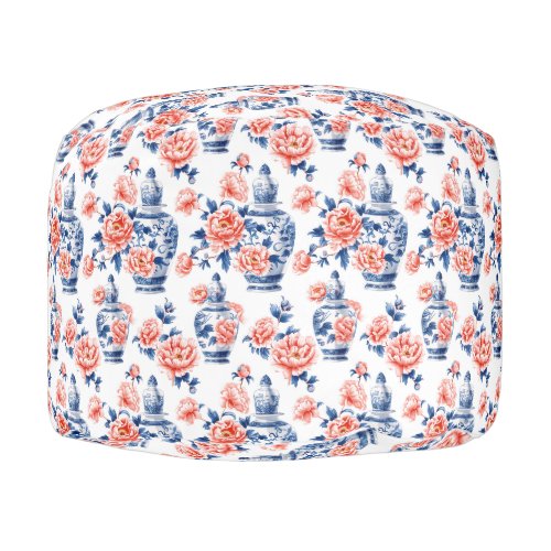 Pouf grandmillenial en jarre chinoiserie avec pivoines roses
