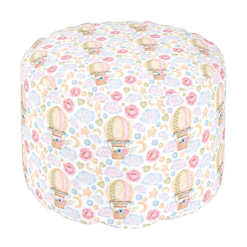 Pouf nuages roses et bleus avec montgolfières