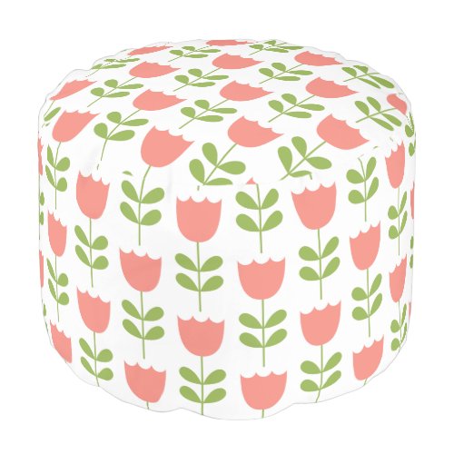Pouf blanc motif tulipes roses et vertes